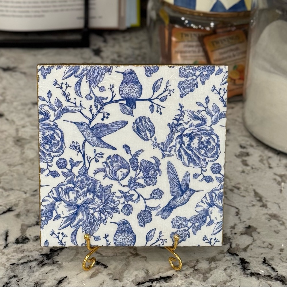 Hand Crafted Royal Check and Hummingbird Metal Wall Decor Blue White 13” - Picture 9 of 9